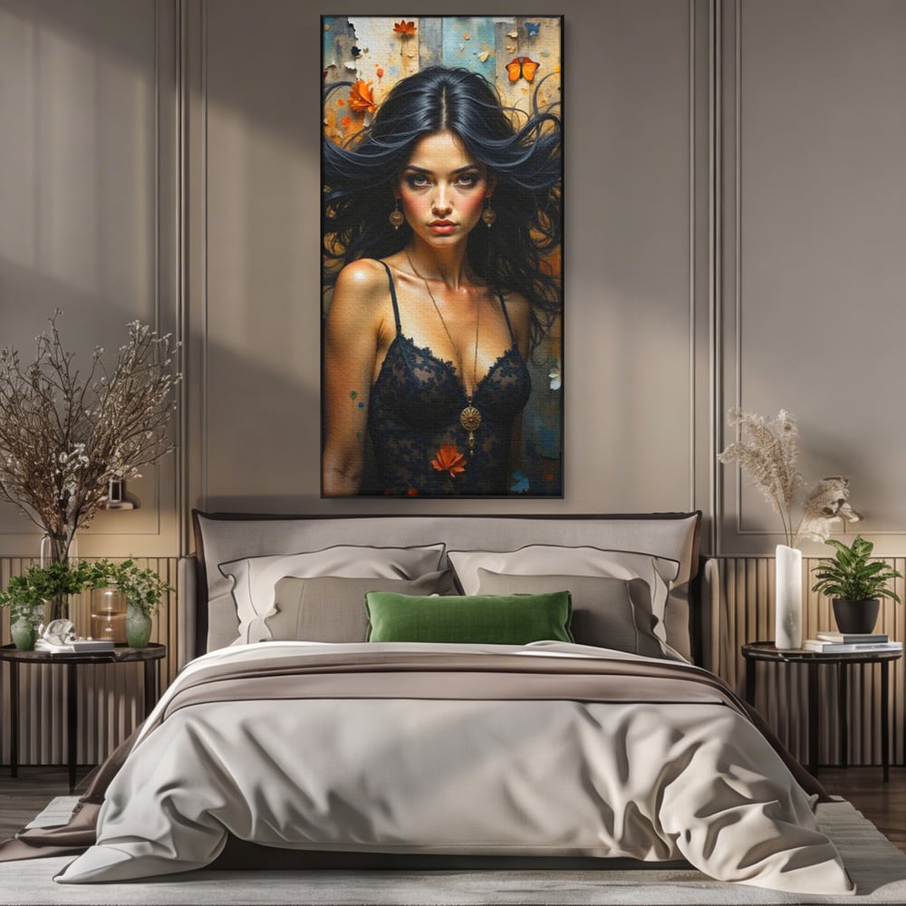 Tablou canvas cu tablou canvas cu portret de femeie par negru fluturi si frunze, in rama de aluminiu negru, pe perete intr-un dormitor
